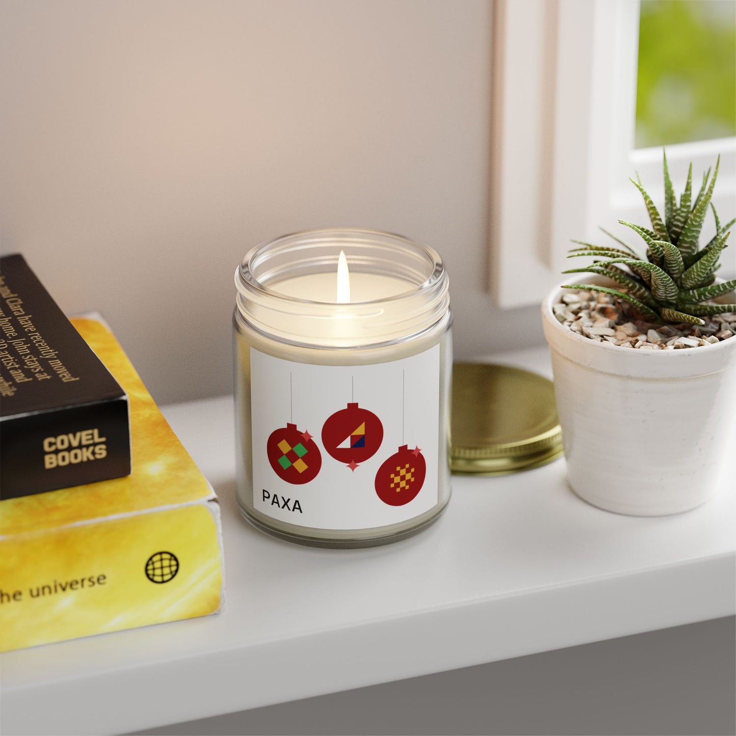 Festive Scented Candle - Coconut Apricot Wax (4oz & 9oz) with Holiday Ornaments - Luxury Scented Candle – Eco-Friendly Coconut Apricot Wax in Reusable Glass Jar with Gold Lid