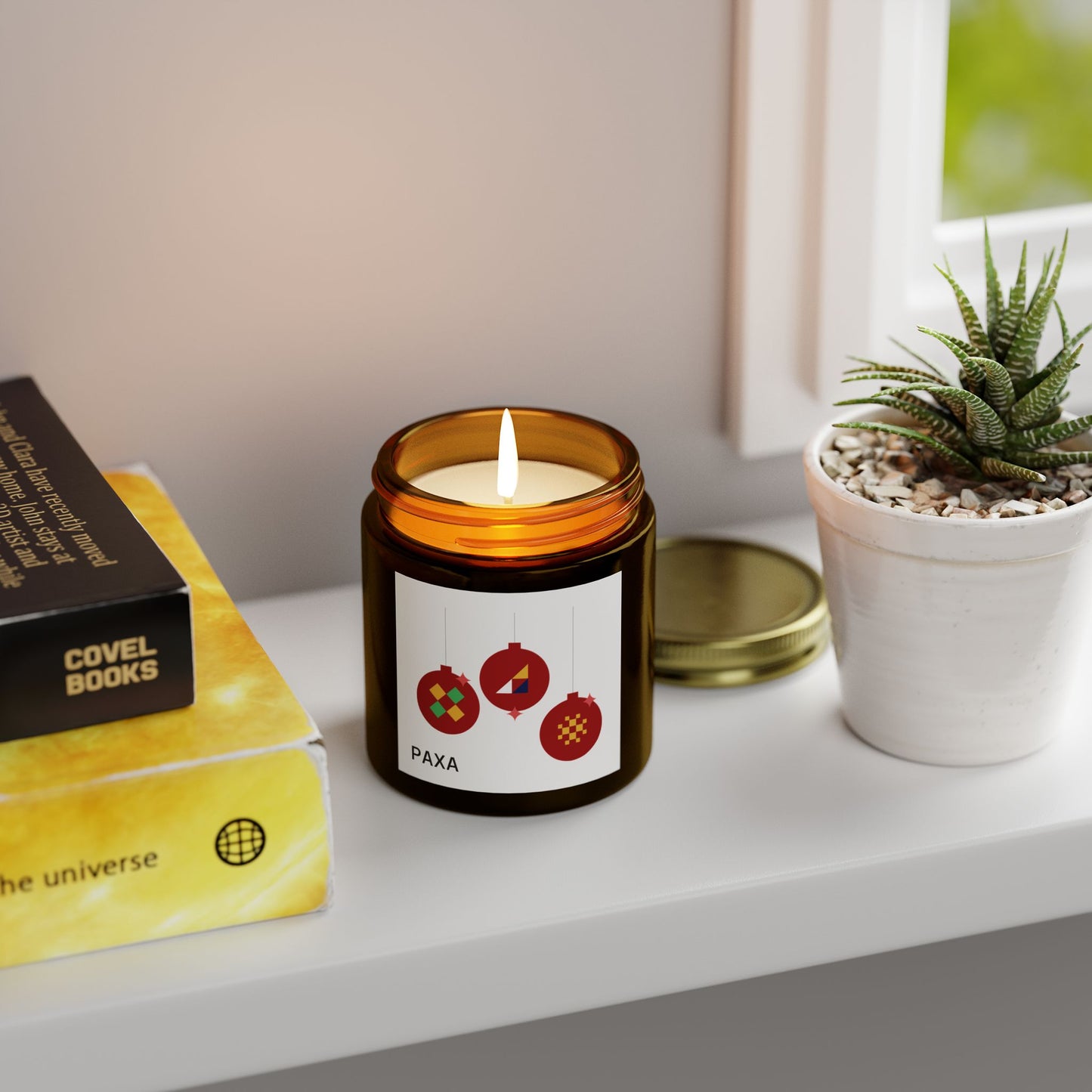 Festive Scented Candle - Coconut Apricot Wax (4oz & 9oz) with Holiday Ornaments - Luxury Scented Candle – Eco-Friendly Coconut Apricot Wax in Reusable Glass Jar with Gold Lid