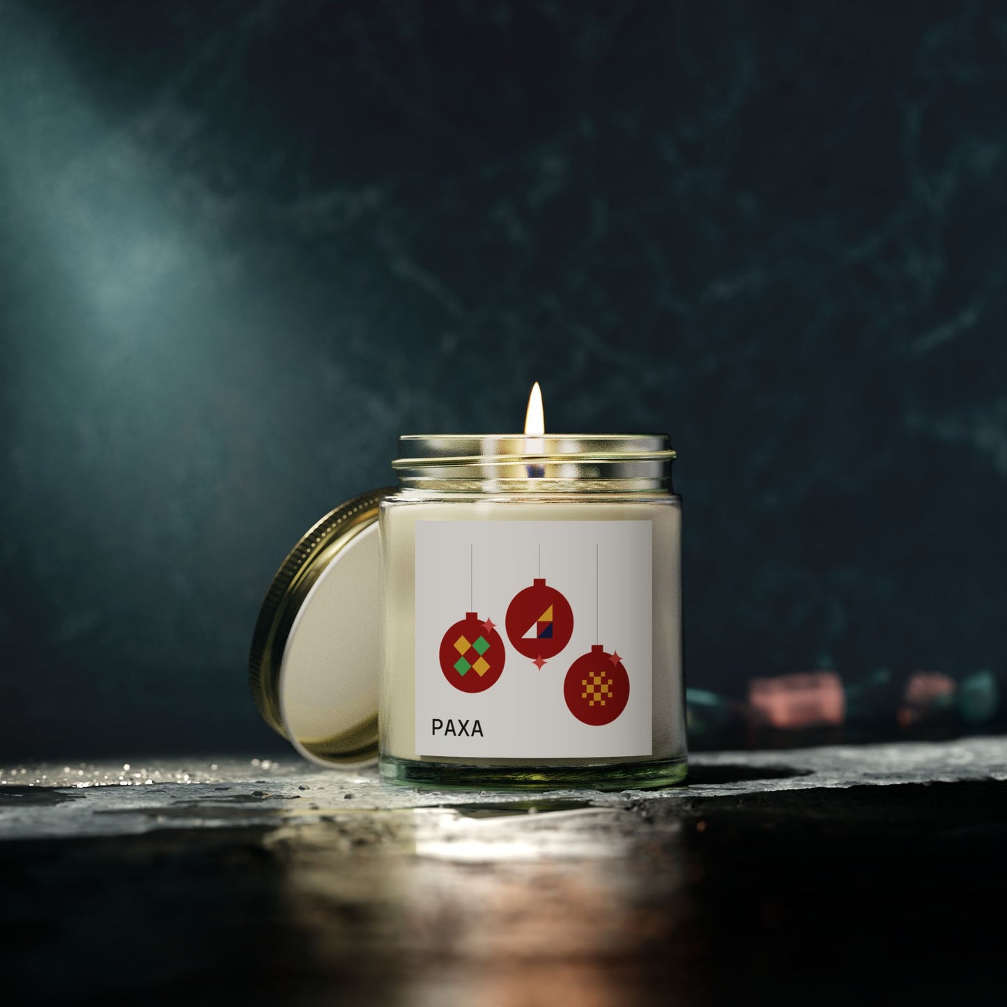 Festive Scented Candle - Coconut Apricot Wax (4oz & 9oz) with Holiday Ornaments - Luxury Scented Candle – Eco-Friendly Coconut Apricot Wax in Reusable Glass Jar with Gold Lid